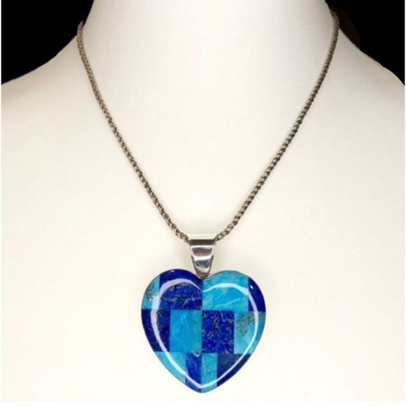 JAY KING DTR Lapis Lazuli Turquoise Mosaic Inlay Heart Pendant Necklace 925
